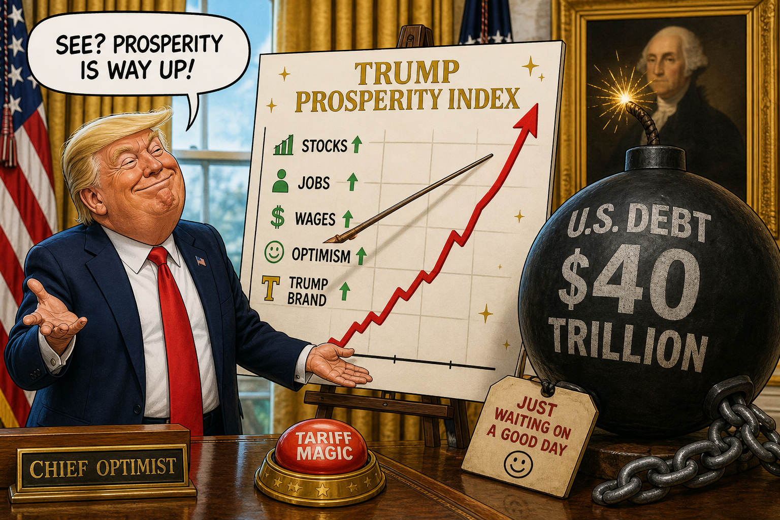 Satirical cartoon for Trump Debuts Prosperity Index As Debt Hits $40 Trillion