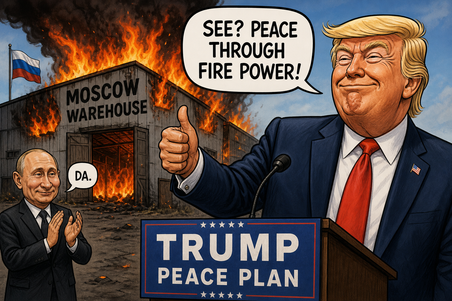 Satirical cartoon for Moscow Warehouse Fire Hailed as Trump Peace Plan Victory