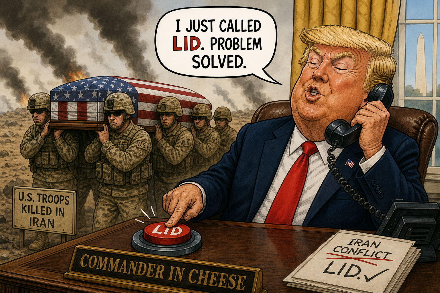 Satirical cartoon for Trump Calls Lid as U.S. Troops Die in Iran