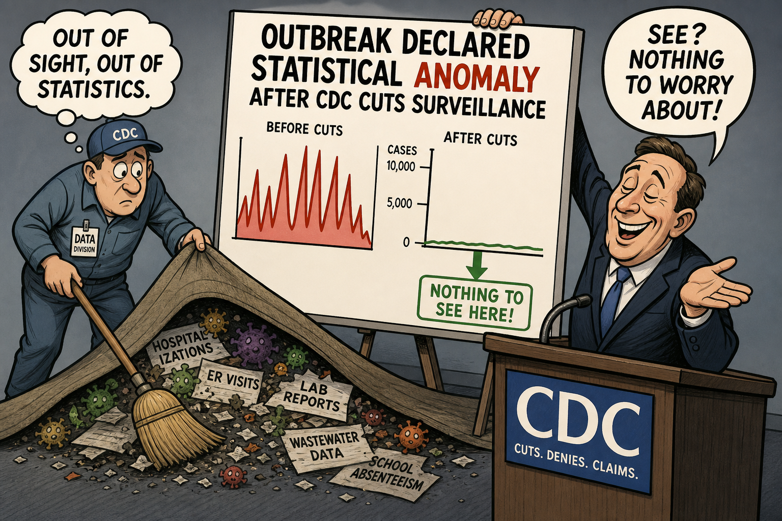 Satirical cartoon for Outbreak Declared Statistical Anomaly After CDC Cuts Surveillance