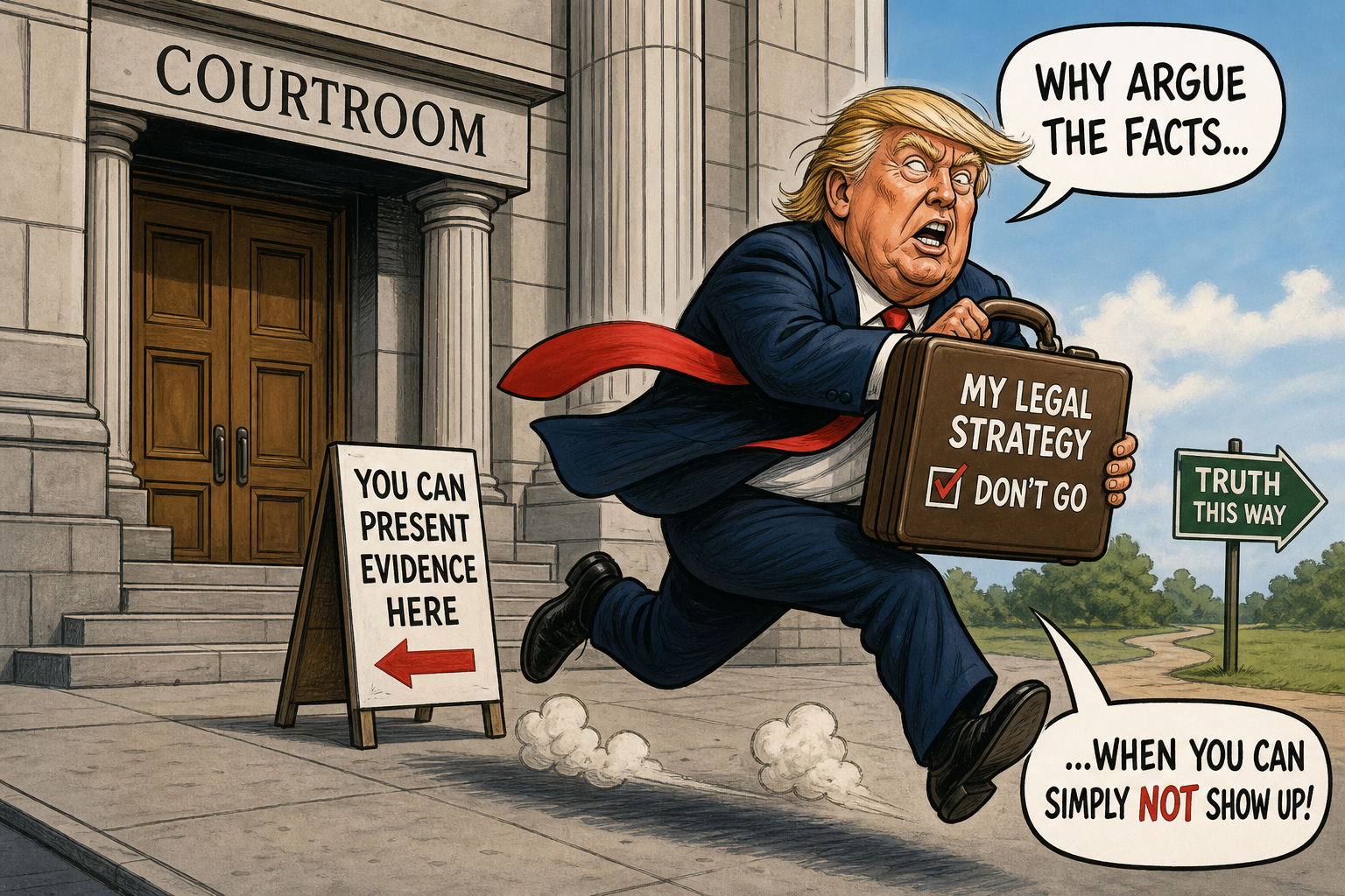 Satirical cartoon for Election Denier's Legal Strategy: Never Enter the Courtroom