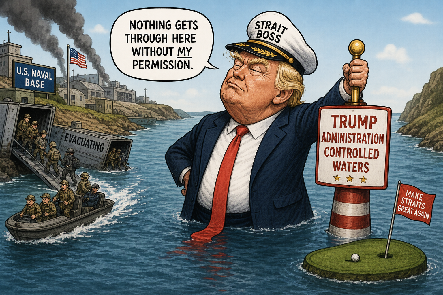 Satirical cartoon for Trump Administration Declares Control of Strait as Bases Evacuate