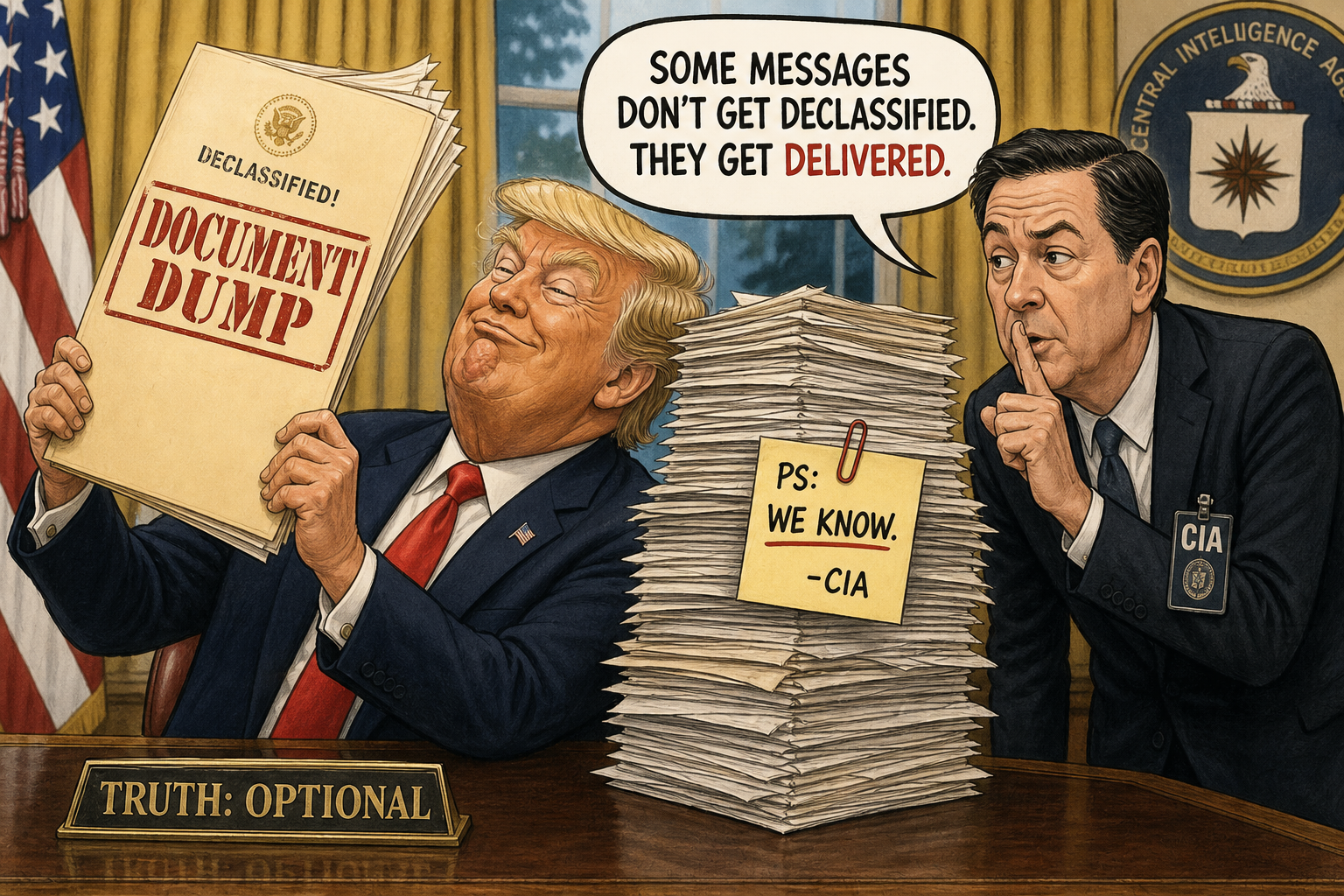 Satirical cartoon for CIA Director Issues Hidden Warning In Trump's Own Document Dump