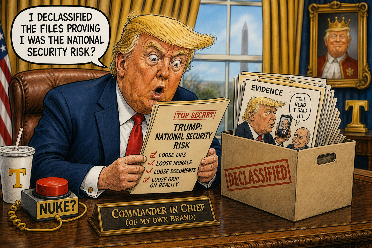 Satirical cartoon for Trump Declassifies Files Proving He Was The National Security Risk