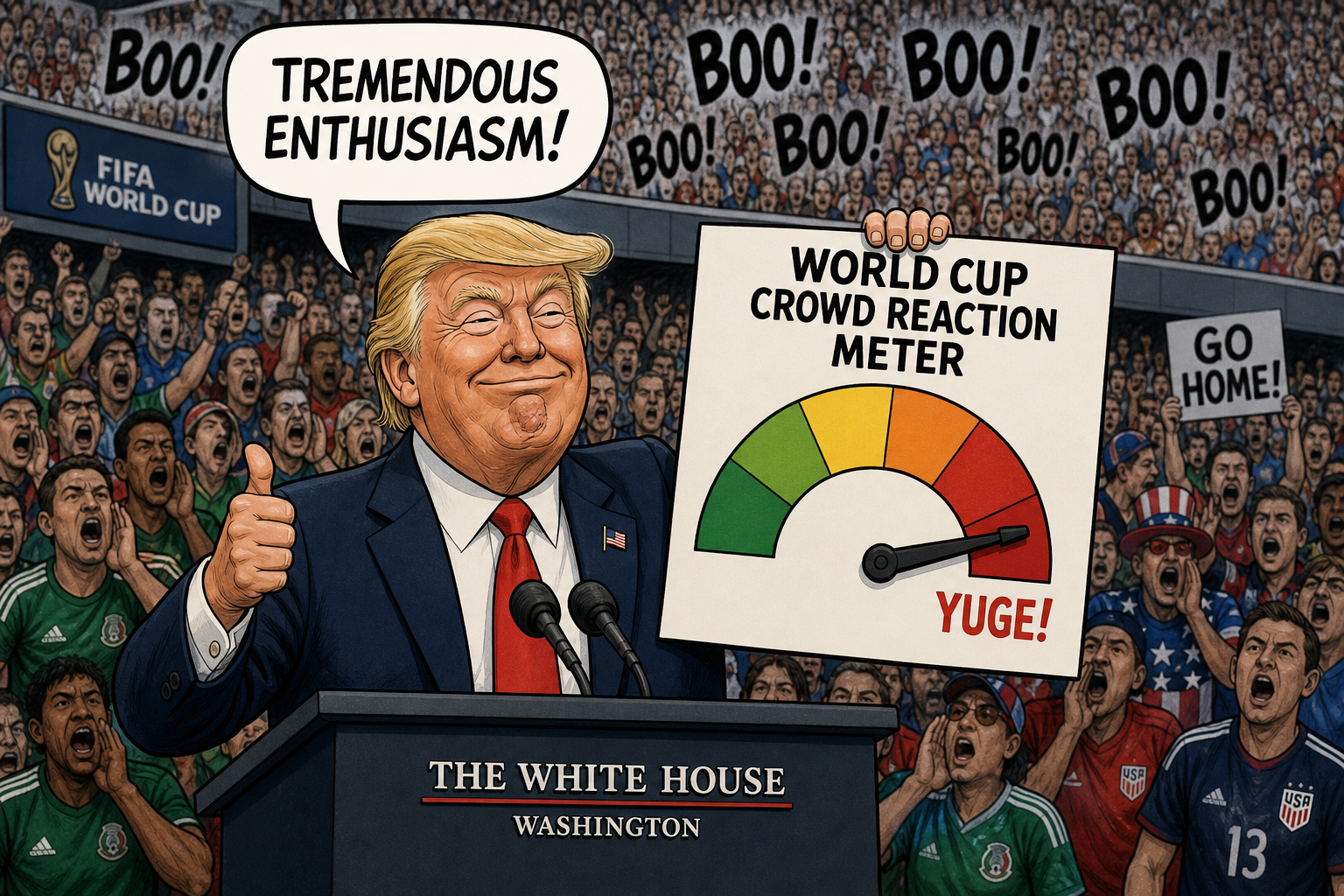 Satirical cartoon for White House Hails World Cup Boos as 'Tremendous Enthusiasm'