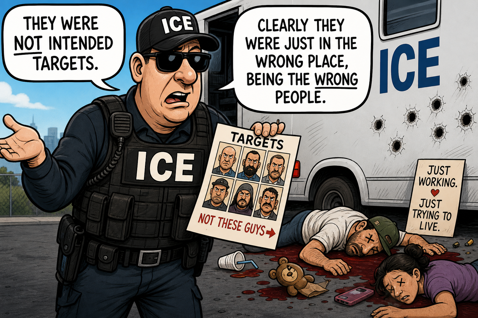 Satirical cartoon for ICE Acknowledges Fatal Shooting Victims Were Not Intended Targets