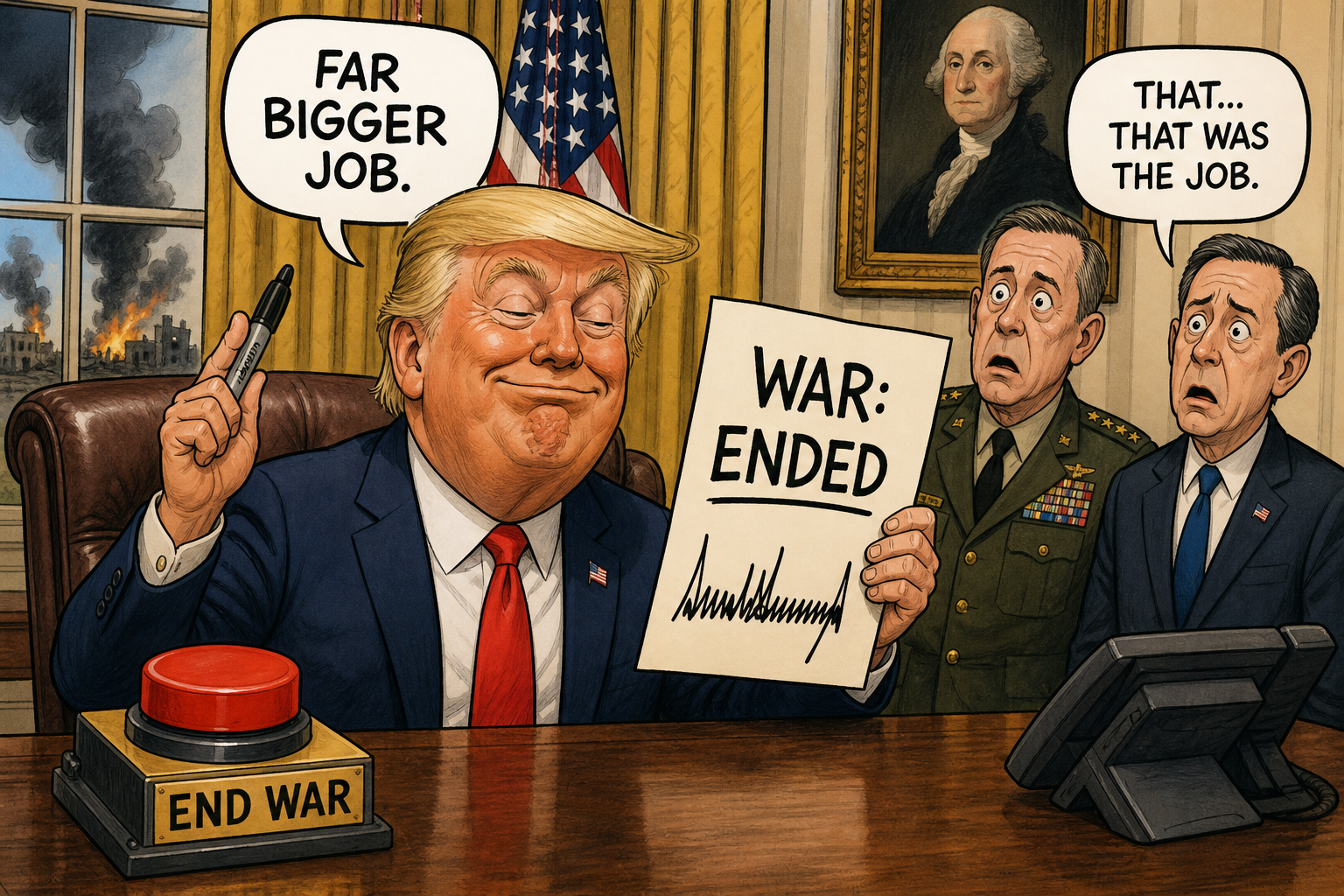 Satirical cartoon for Trump Calls War 'Far Bigger Job,' Immediately Ends It