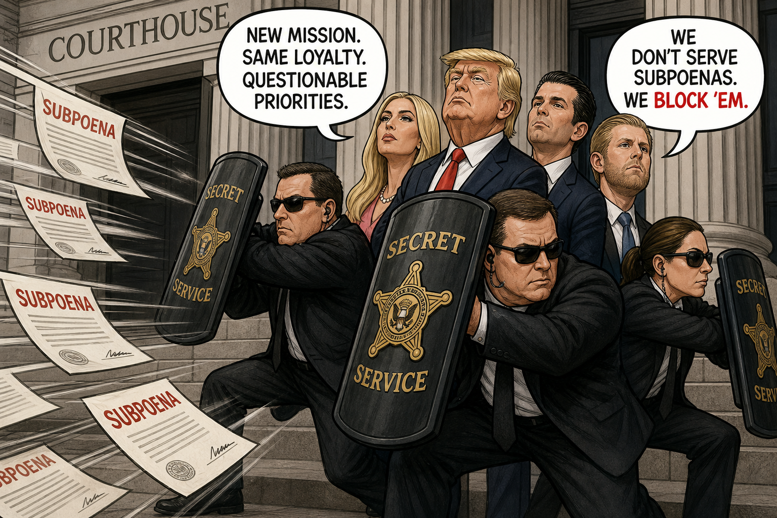 Satirical cartoon for Secret Service Confirms New Mission: Protecting Trump Family From Subpoenas