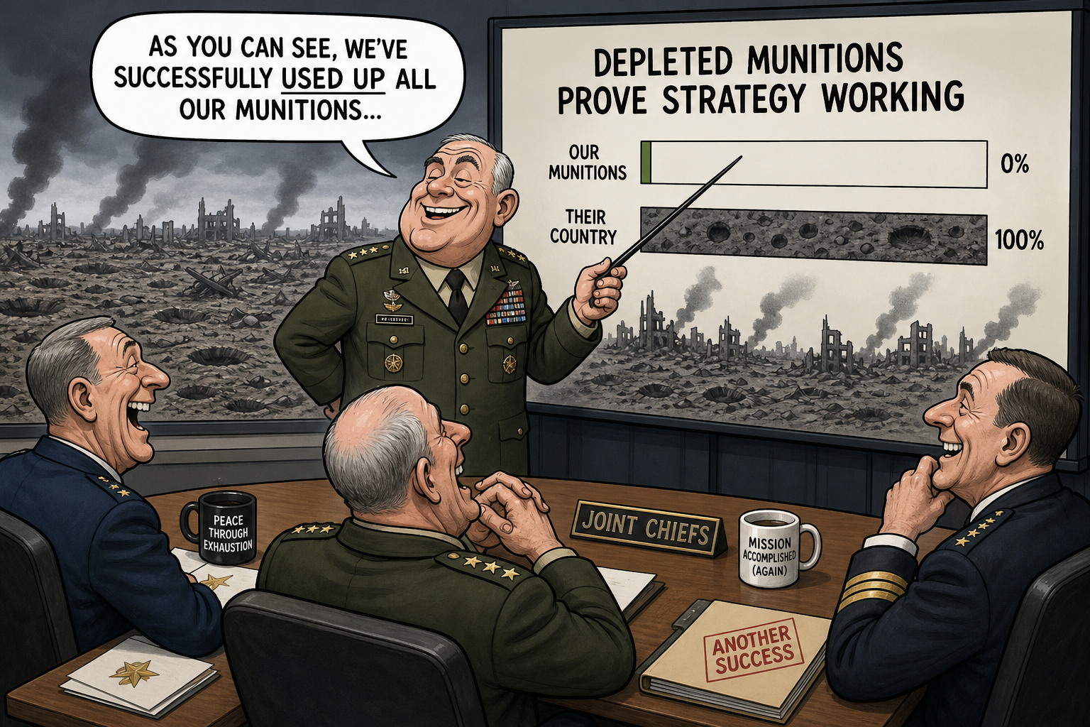 Satirical cartoon for Depleted Munitions Prove Strategy Working, Joint Chiefs Report