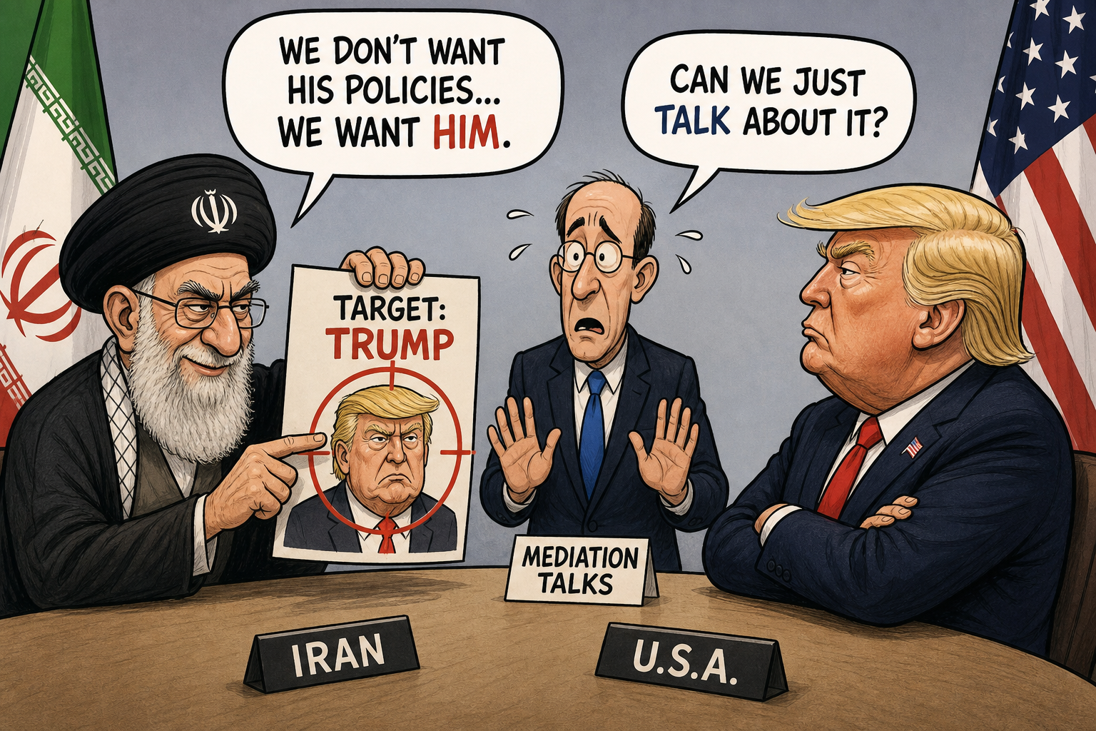 Satirical cartoon for Iran Threatens Trump’s Life; Officials Seek Mediation Talks