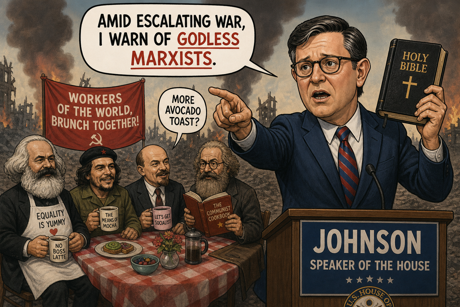 Satirical cartoon for Amid Escalating War, Johnson Warns of Godless Marxists