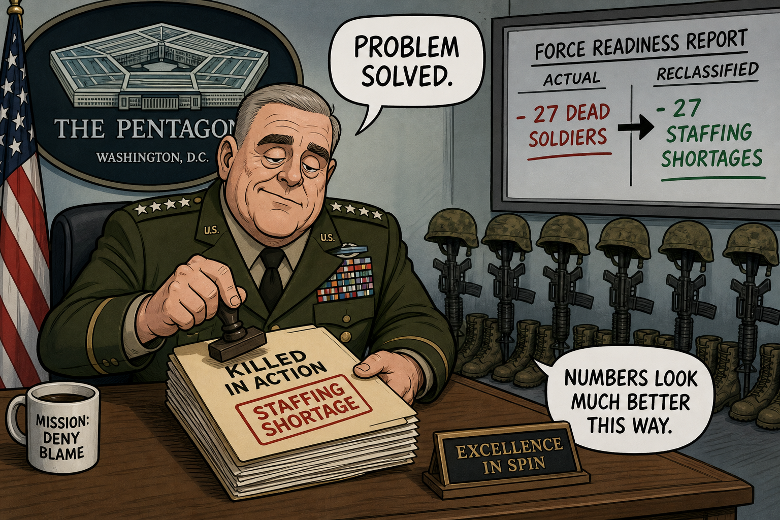 Satirical cartoon for Pentagon Now Classifies Dead Soldiers as 'Staffing Shortages'