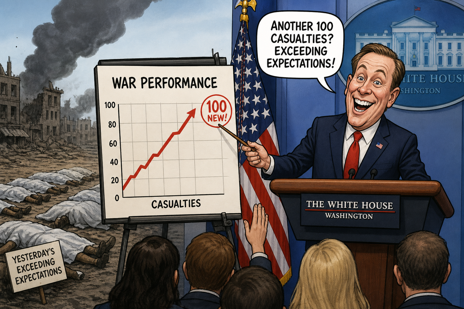 Satirical cartoon for White House Declares 100 New Casualties Proof War Exceeding Expectations