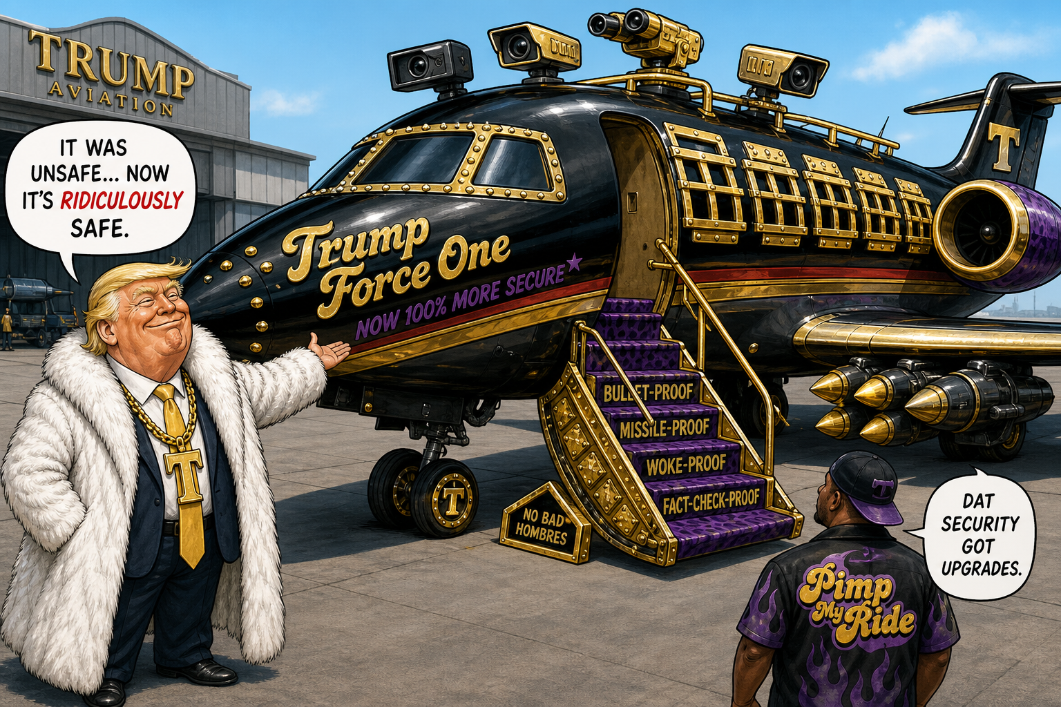 Satirical cartoon for Trump Confirms Jet Unsafe, Plans ‘Pimp My Ride’ Security Retrofit