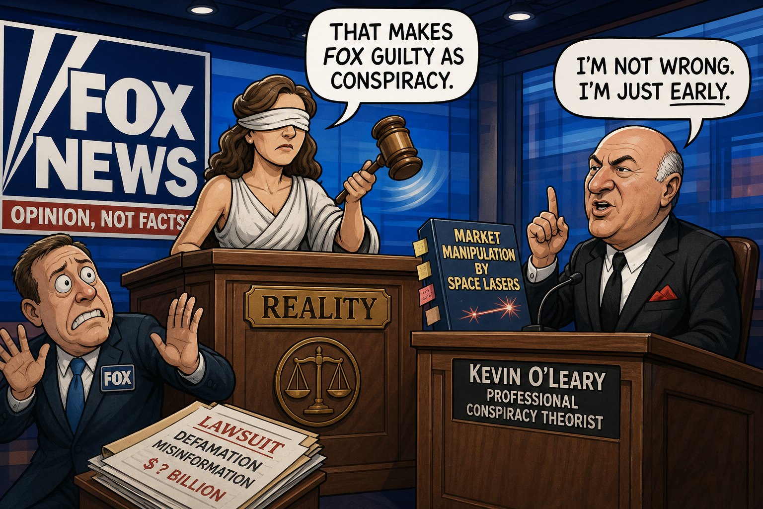 Satirical cartoon for Fox News Sued Again, This Time Over Kevin O’Leary’s Conspiracy