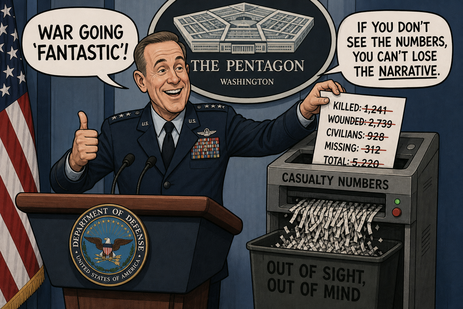 Satirical cartoon for Pentagon Deletes All Casualty Numbers, War Going 'Fantastic'