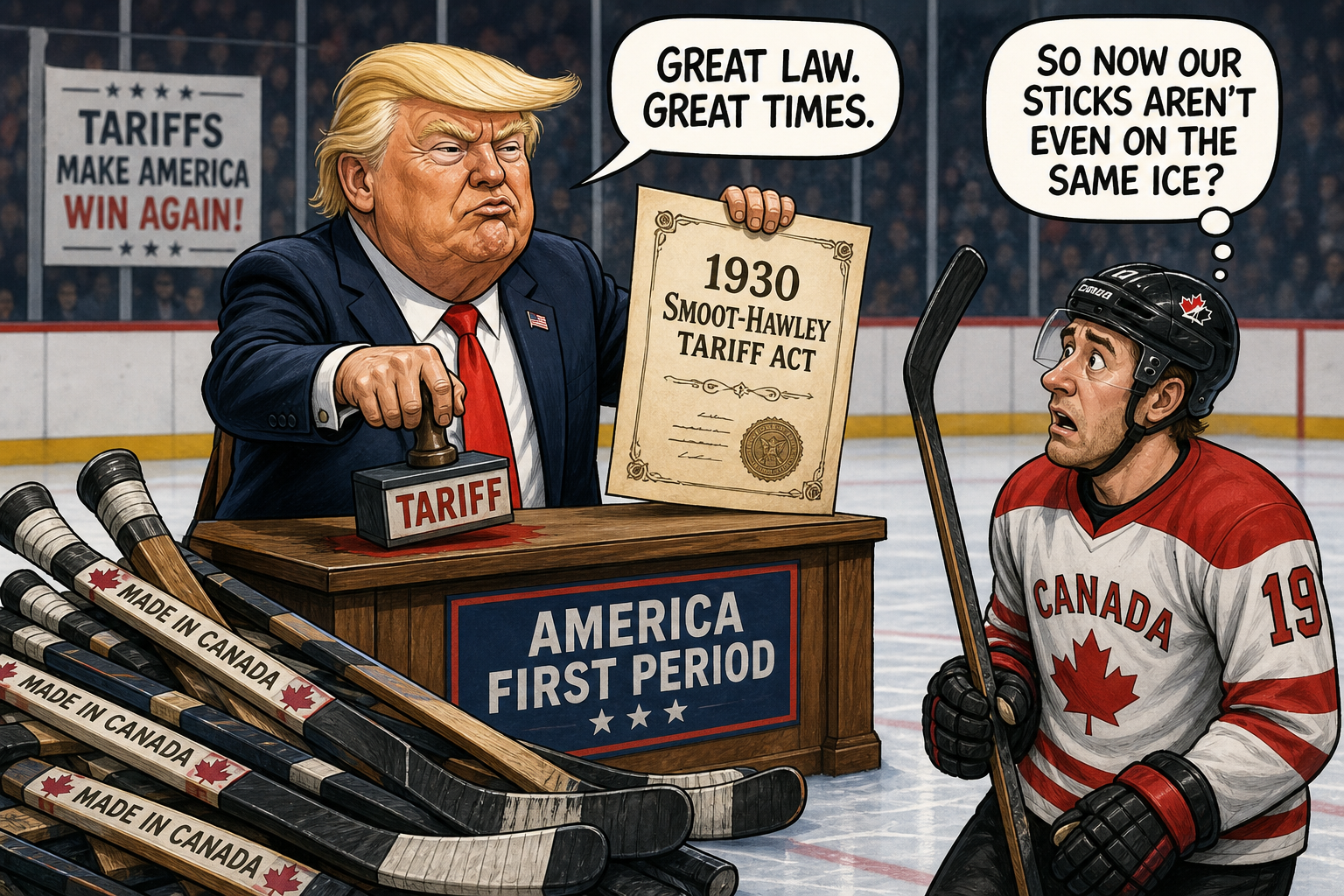 Satirical cartoon for Trump Invokes 1930 Law to Tariff Canadian Hockey Sticks
