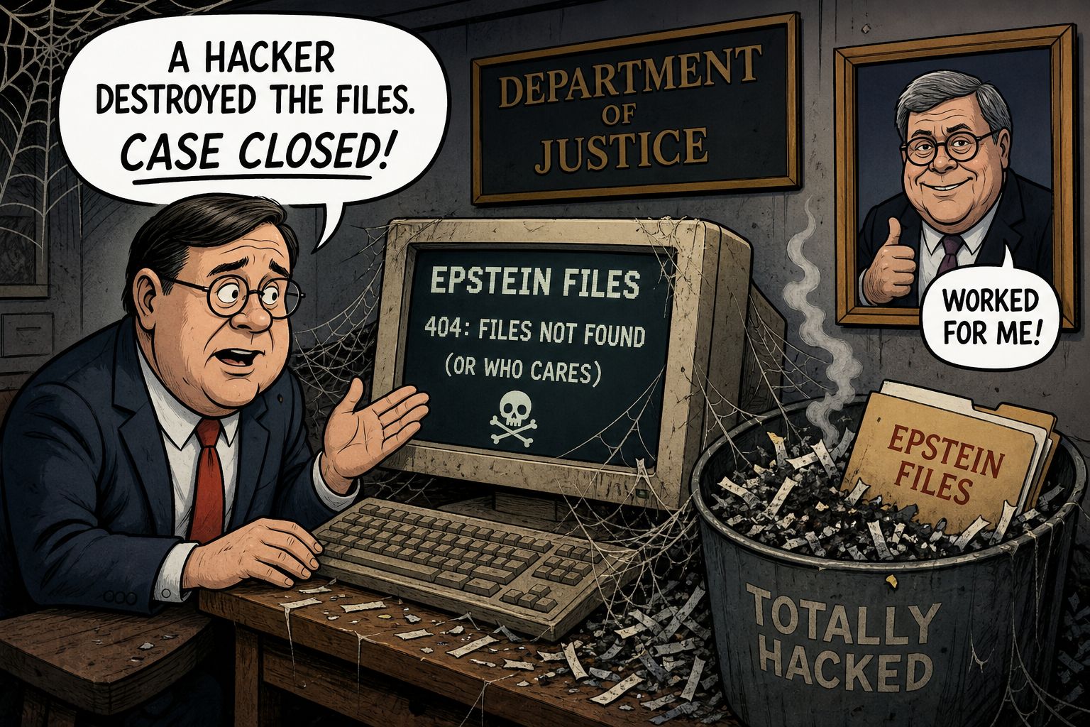 Satirical cartoon for DOJ Claims Hack Destroyed Epstein Files, Seeks to End Search