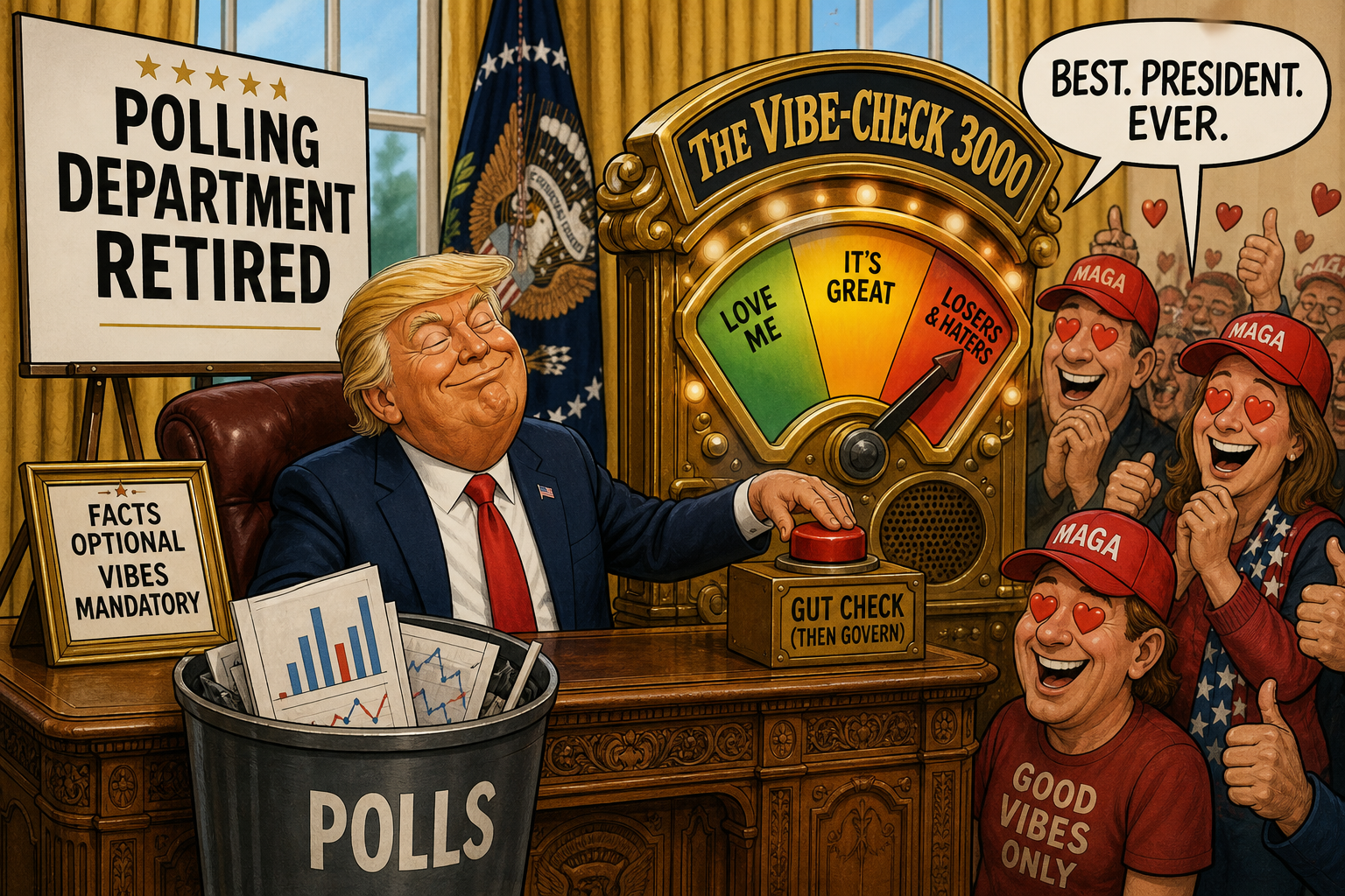 Satirical cartoon for Trump Administration Retires Polls, Unleashes 'Vibe-Check' Governance