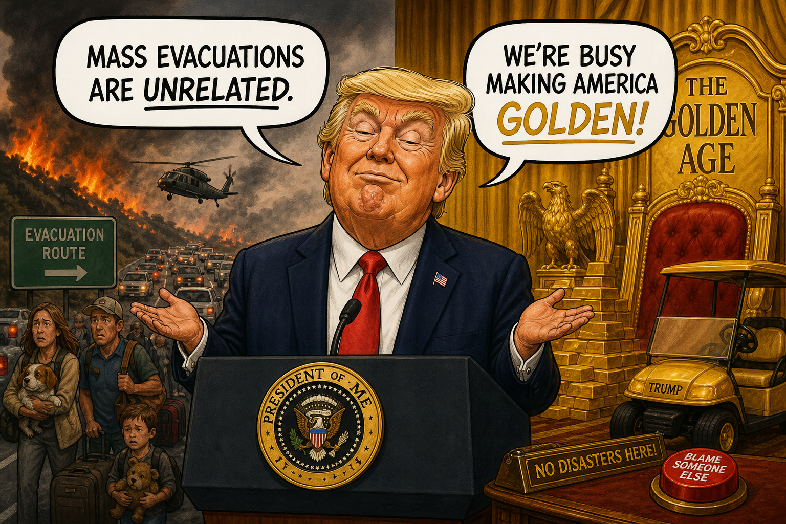 Satirical cartoon for President Labels Mass Evacuations 'Unrelated' As Golden Age Claims Mount