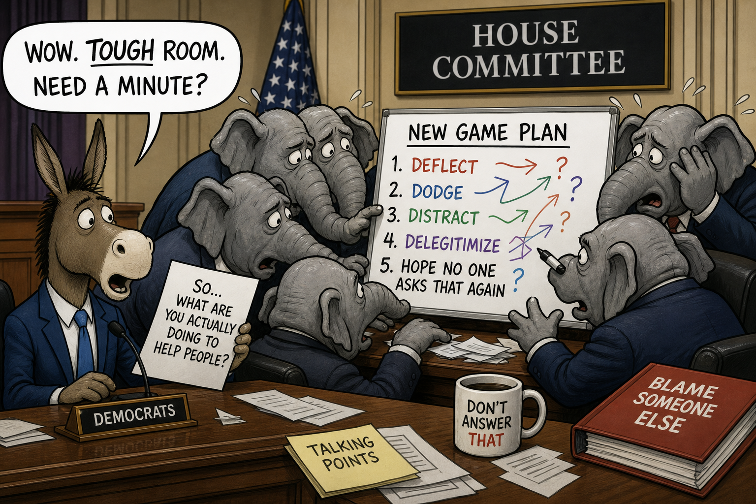 Satirical cartoon for House Committee Regroups After Democrats Ask Unexpected Questions