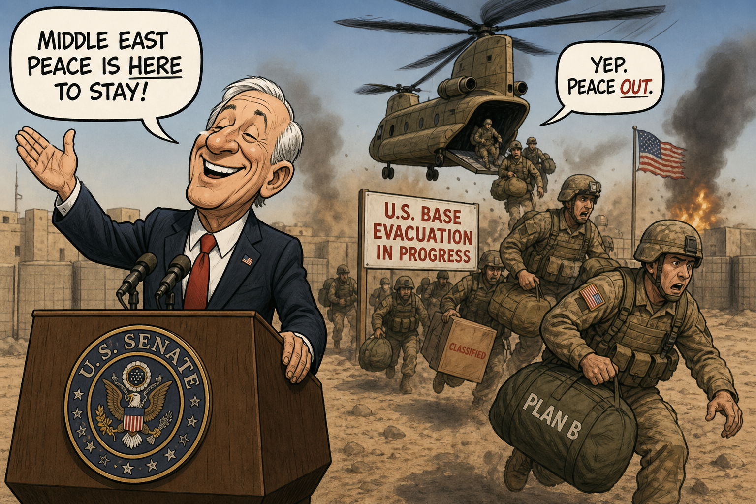 Satirical cartoon for Senator Declares Middle East Peace as Pentagon Evacuates Bases