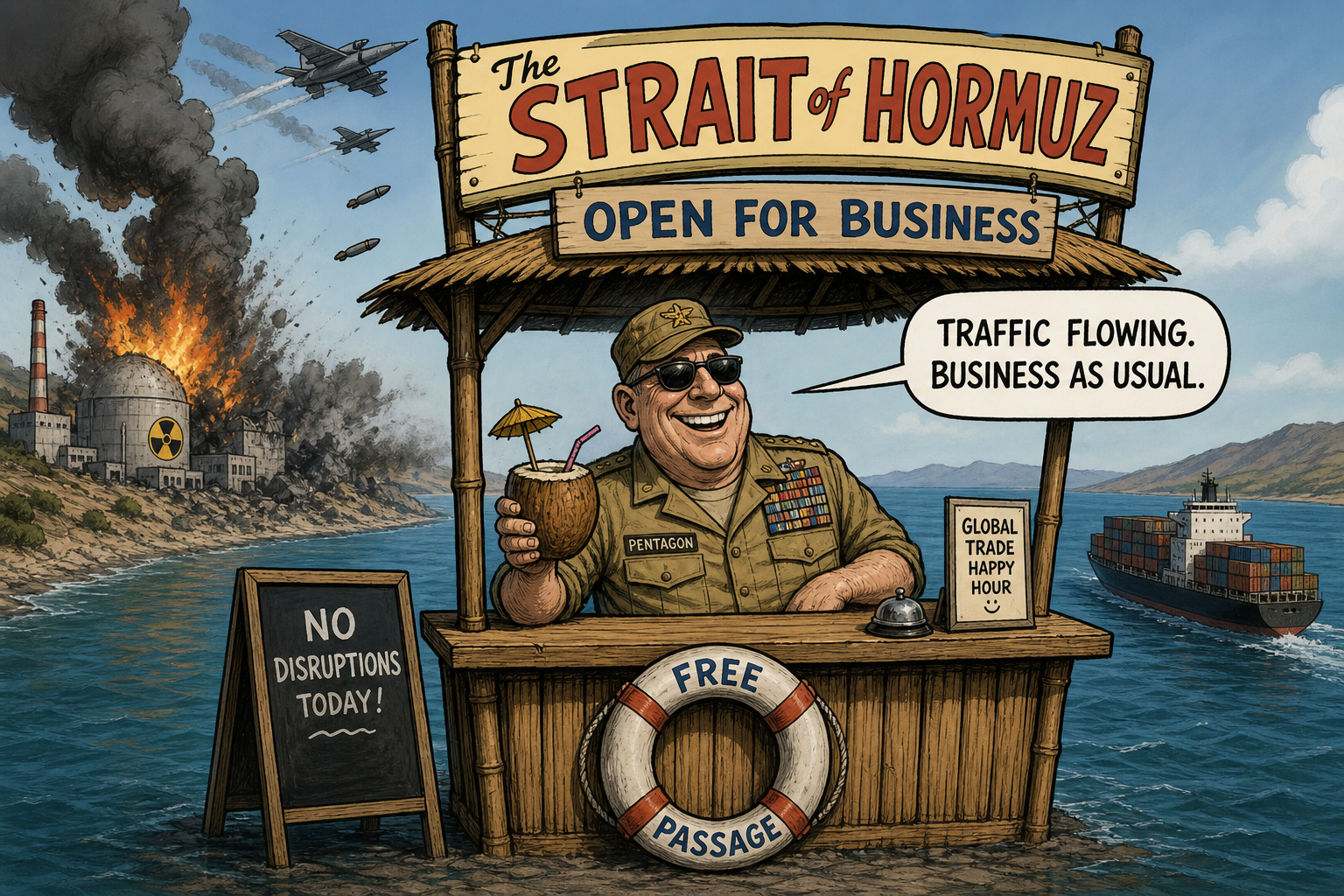 Satirical cartoon for Nuclear Site Bombed; Pentagon Confirms Strait Still Open For Business