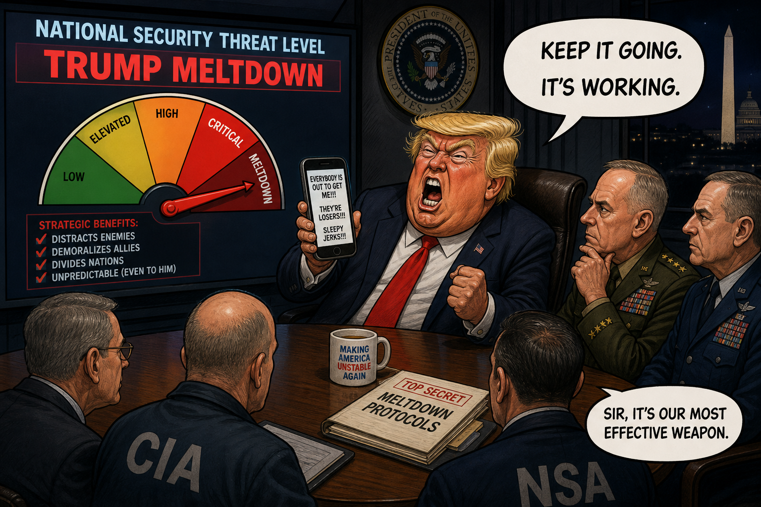 Satirical cartoon for Trump's Midnight Meltdown Declared Critical National Security Tool