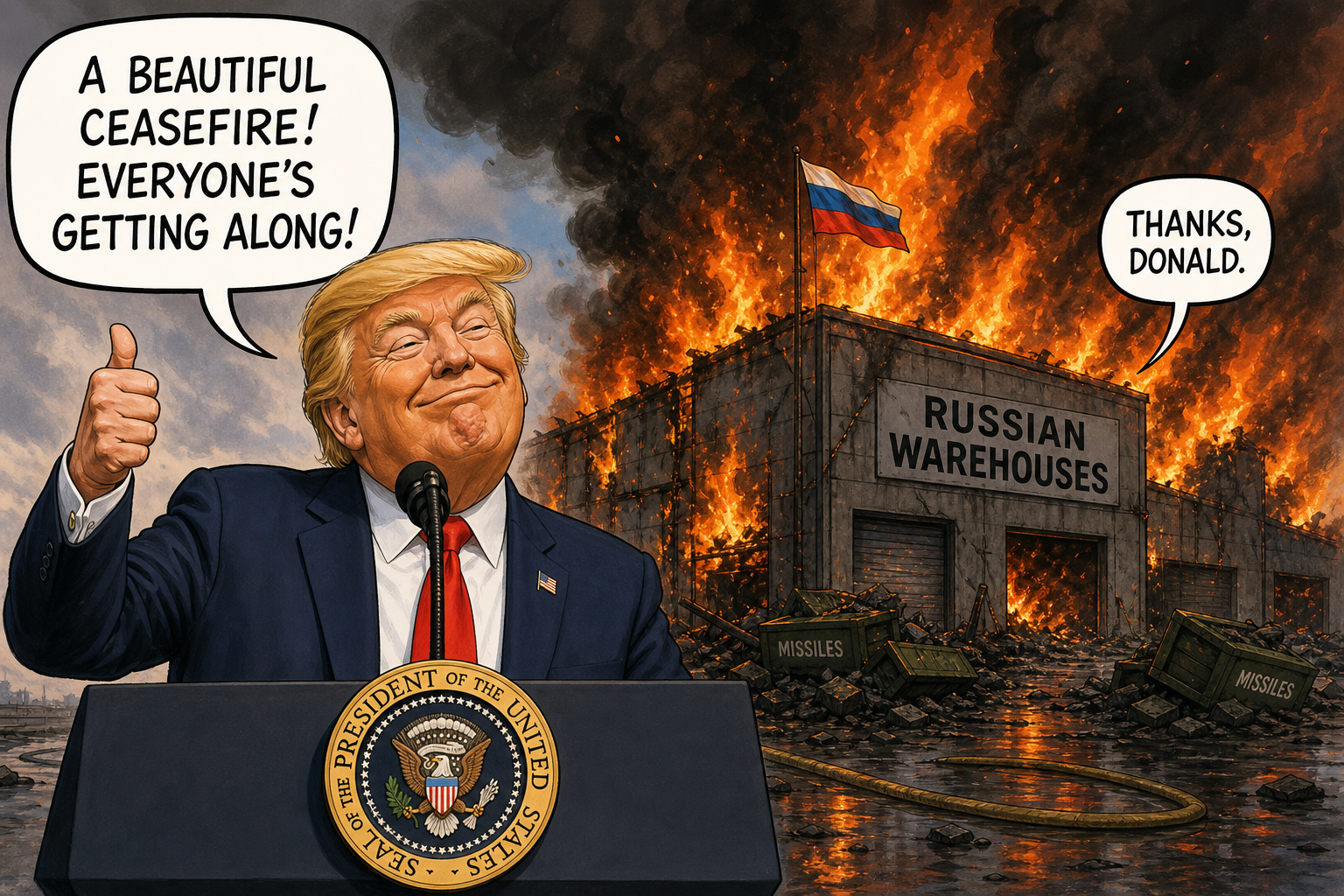 Satirical cartoon for Trump Hails Ukraine Ceasefire As Russian Warehouses Still Burning