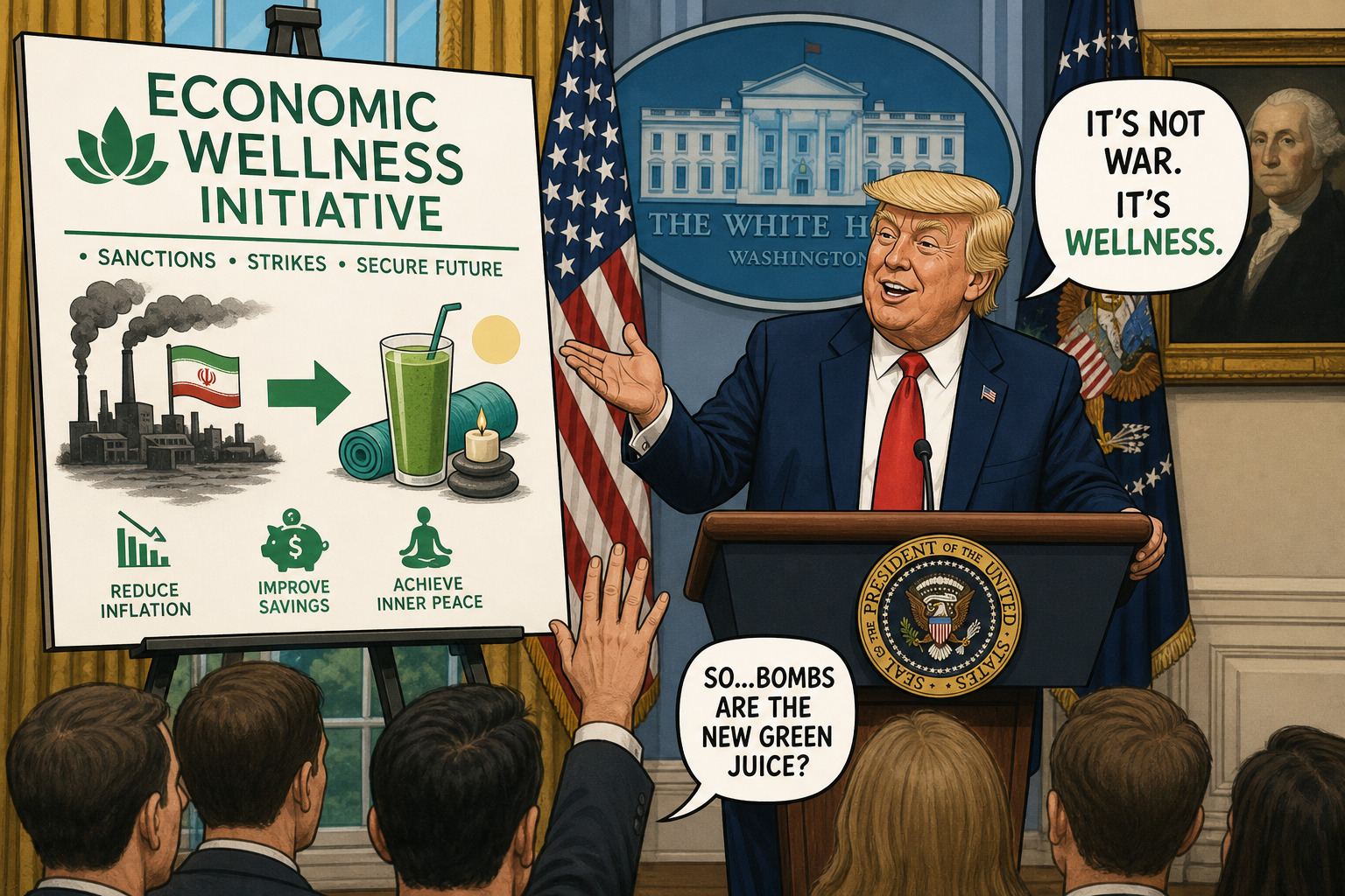 Satirical cartoon for White House Rebrands Iran Conflict as 'Economic Wellness Initiative'
