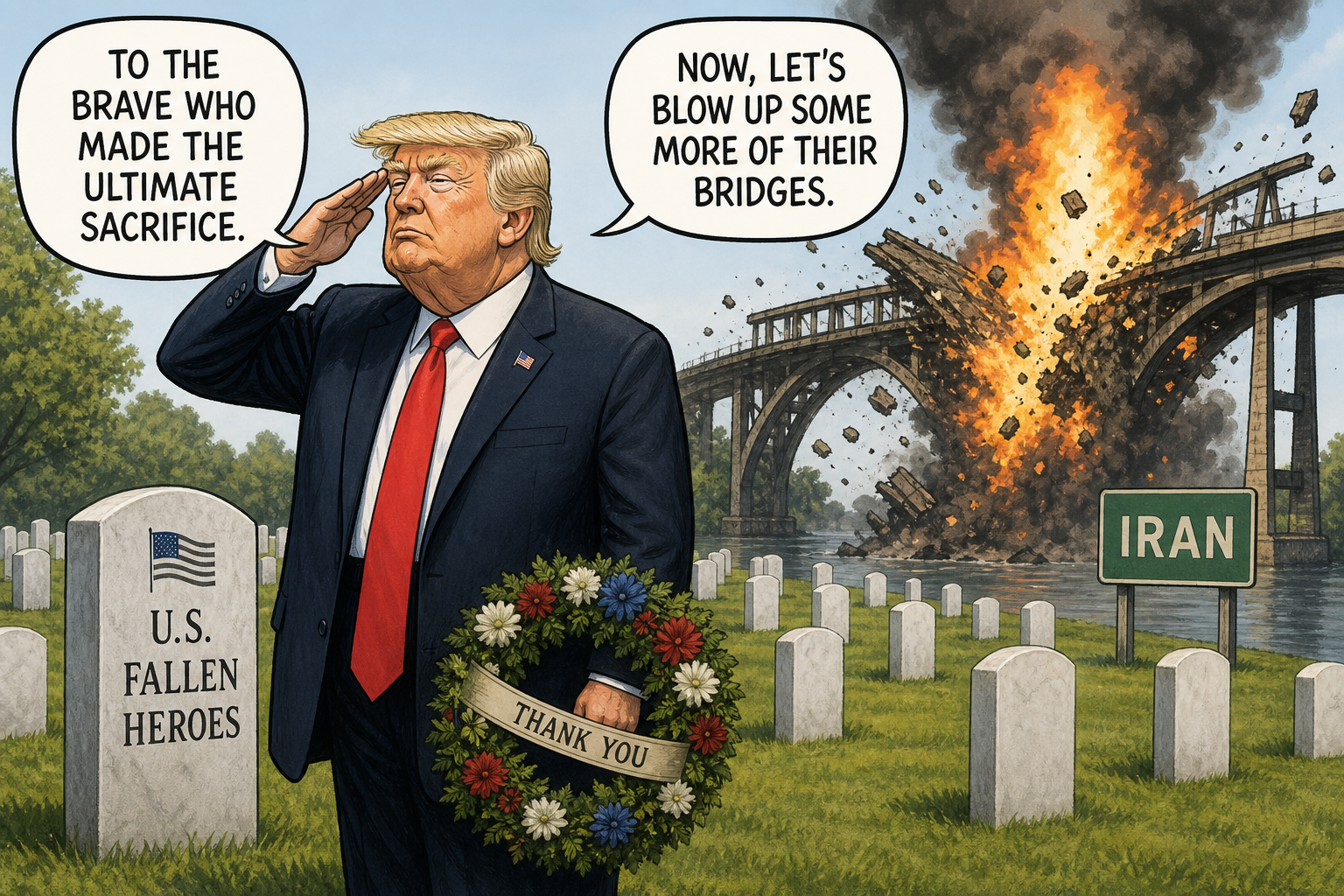 Satirical cartoon for Trump Salutes Fallen Troops, Then Vows More Iranian Bridge Bombings