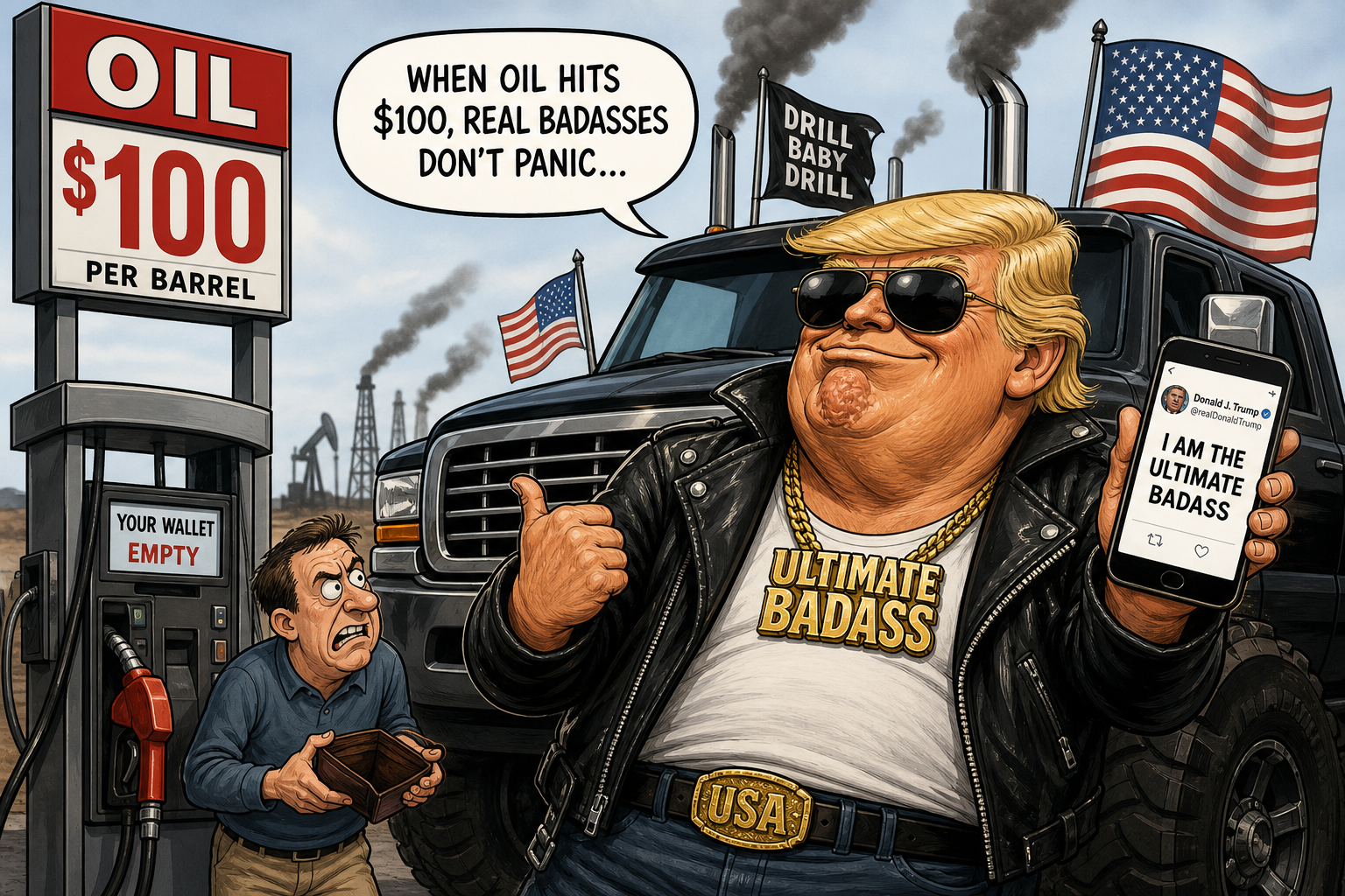 Satirical cartoon for Oil Hits $100, Trump Retweets He Is 'Ultimate Badass'