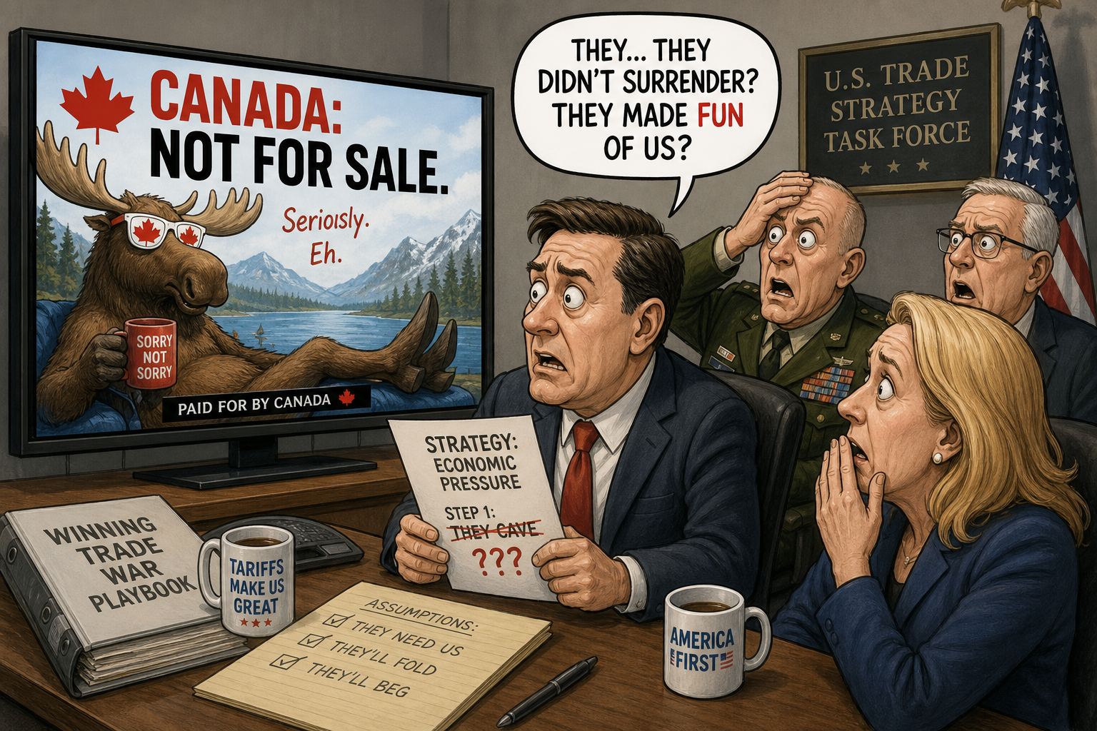 Satirical cartoon for Canada's Retaliatory Ads Perplex Officials Who Expected Surrender