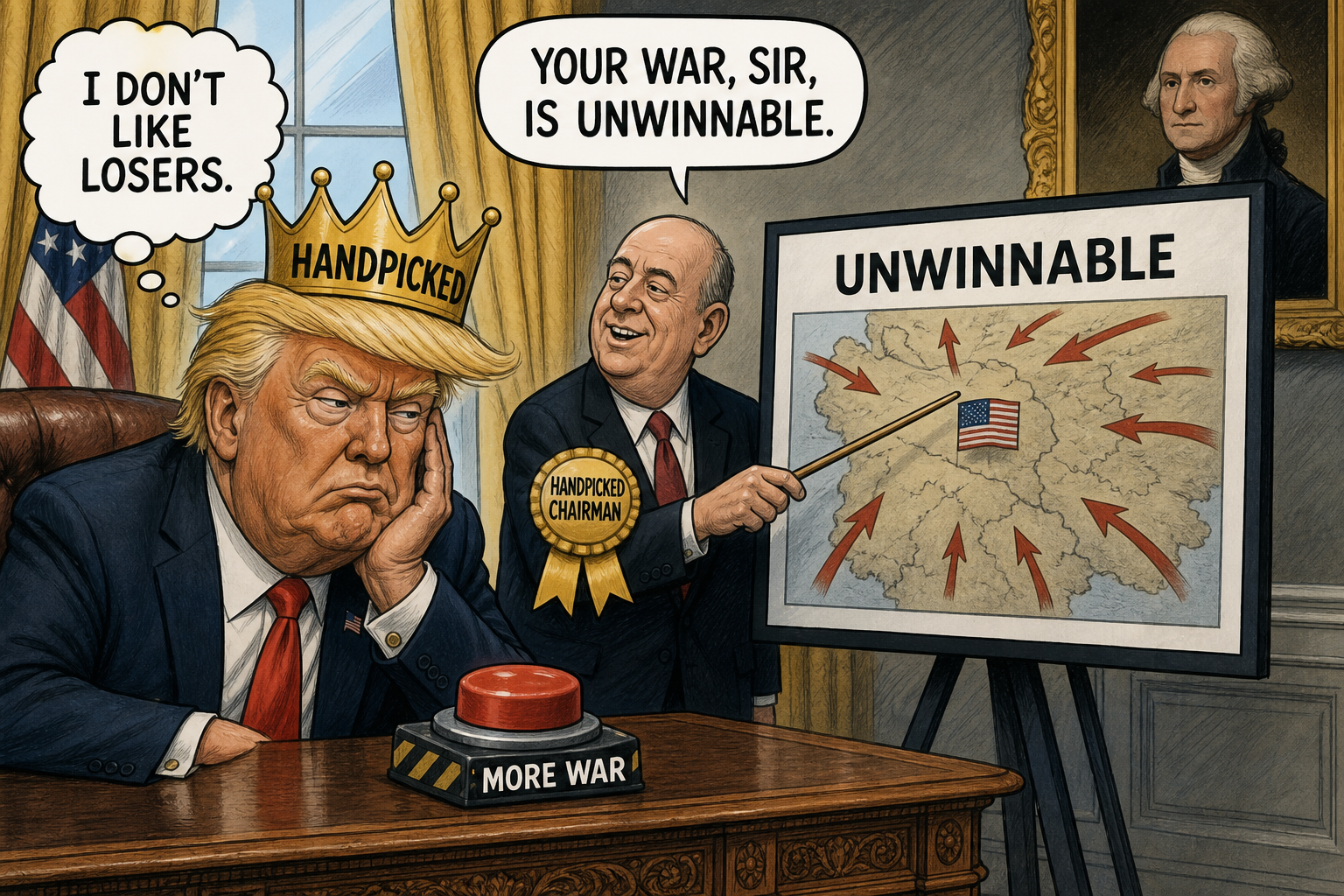 Satirical cartoon for Handpicked Chairman Confirms Trump’s War Is Unwinnable