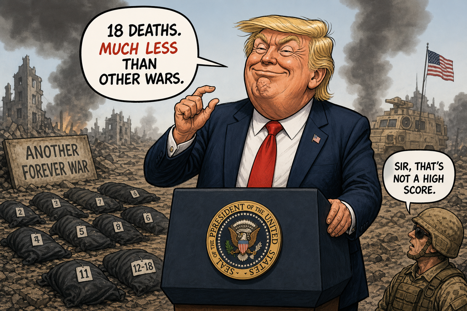 Satirical cartoon for Trump Boasts 18 Deaths 'Much Less Than Other Wars'