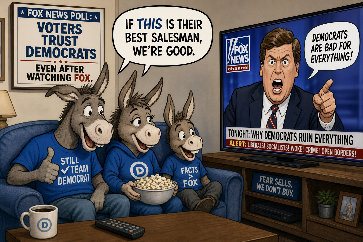 Satirical cartoon for Fox News Poll: Voters Trust Democrats Even After Watching Fox