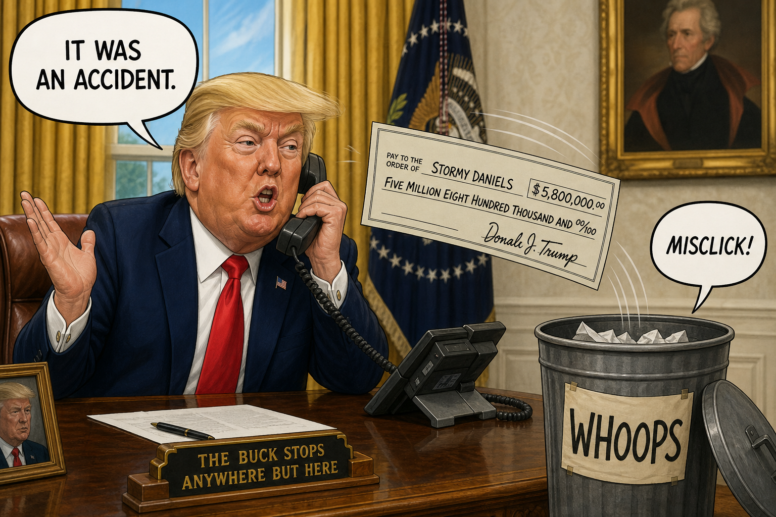 Satirical cartoon for Trump Insists $5.8 Million Abuse Payment Was an Accident
