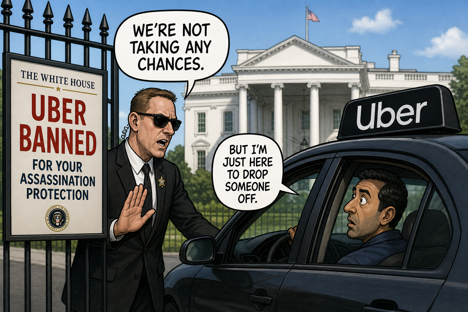 Satirical cartoon for White House Bans Uber After Iran Assassination Warning
