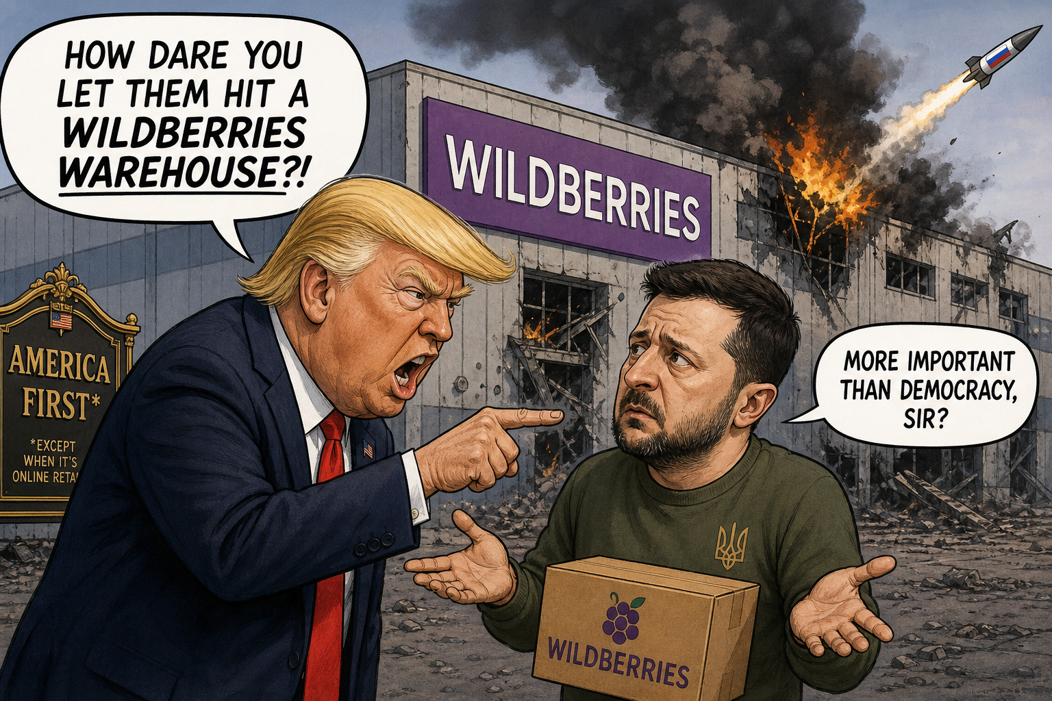 Satirical cartoon for Trump Administration Slams Ukraine Over Wildberries Warehouse Strikes