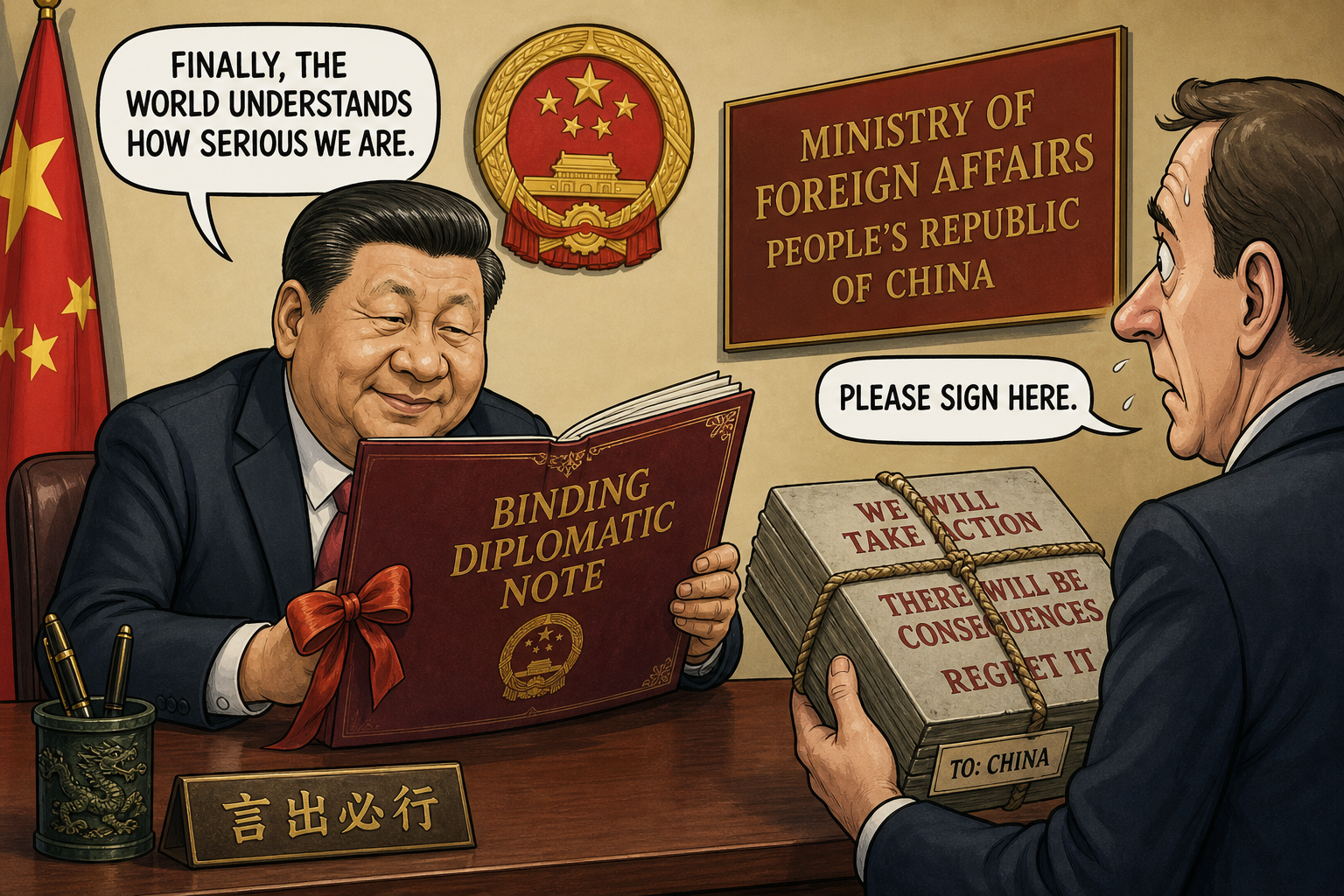 Satirical cartoon for Threats to China Now Classified as Binding Diplomatic Notes
