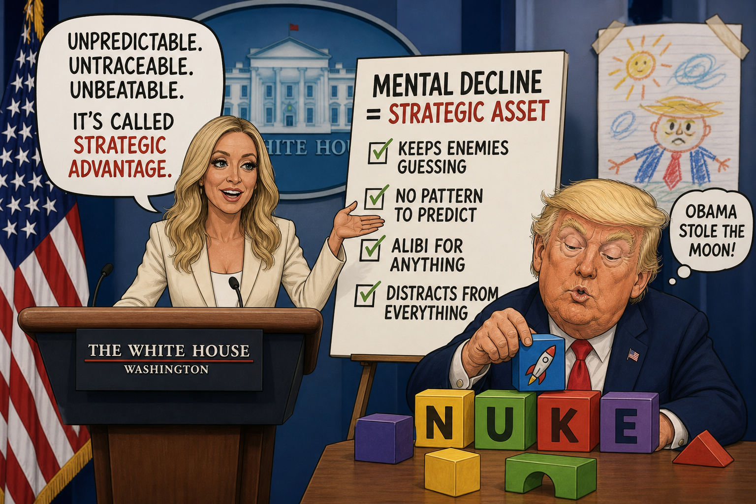 Satirical cartoon for White House Declares President's Mental Decline A Strategic Asset