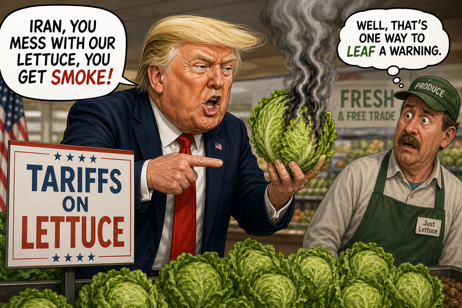 Satirical cartoon for Trump Demands Tariffs on Lettuce, Smoke After Iran Warning