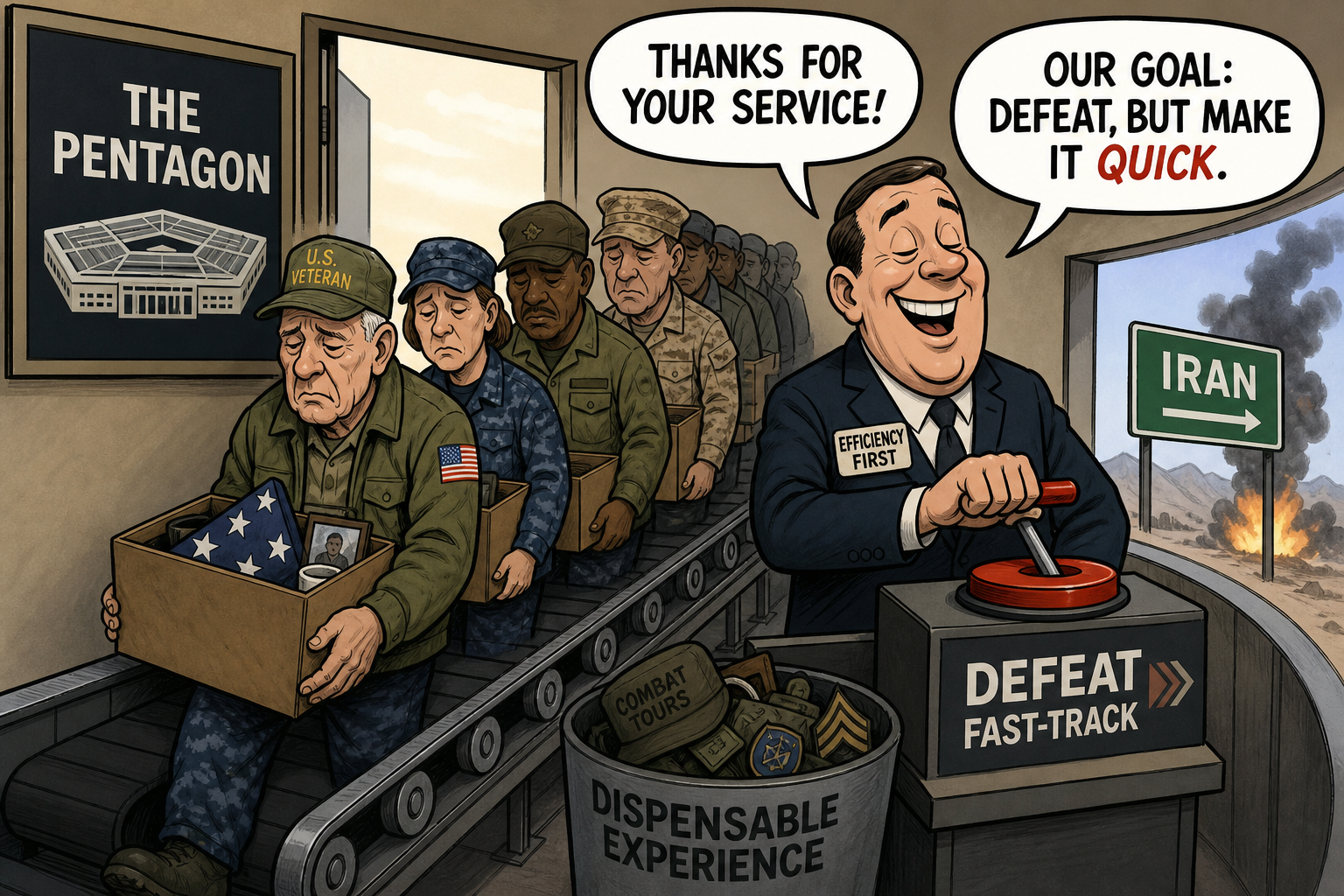 Satirical cartoon for Pentagon Purges Vets to Fast-Track Defeat in Iran