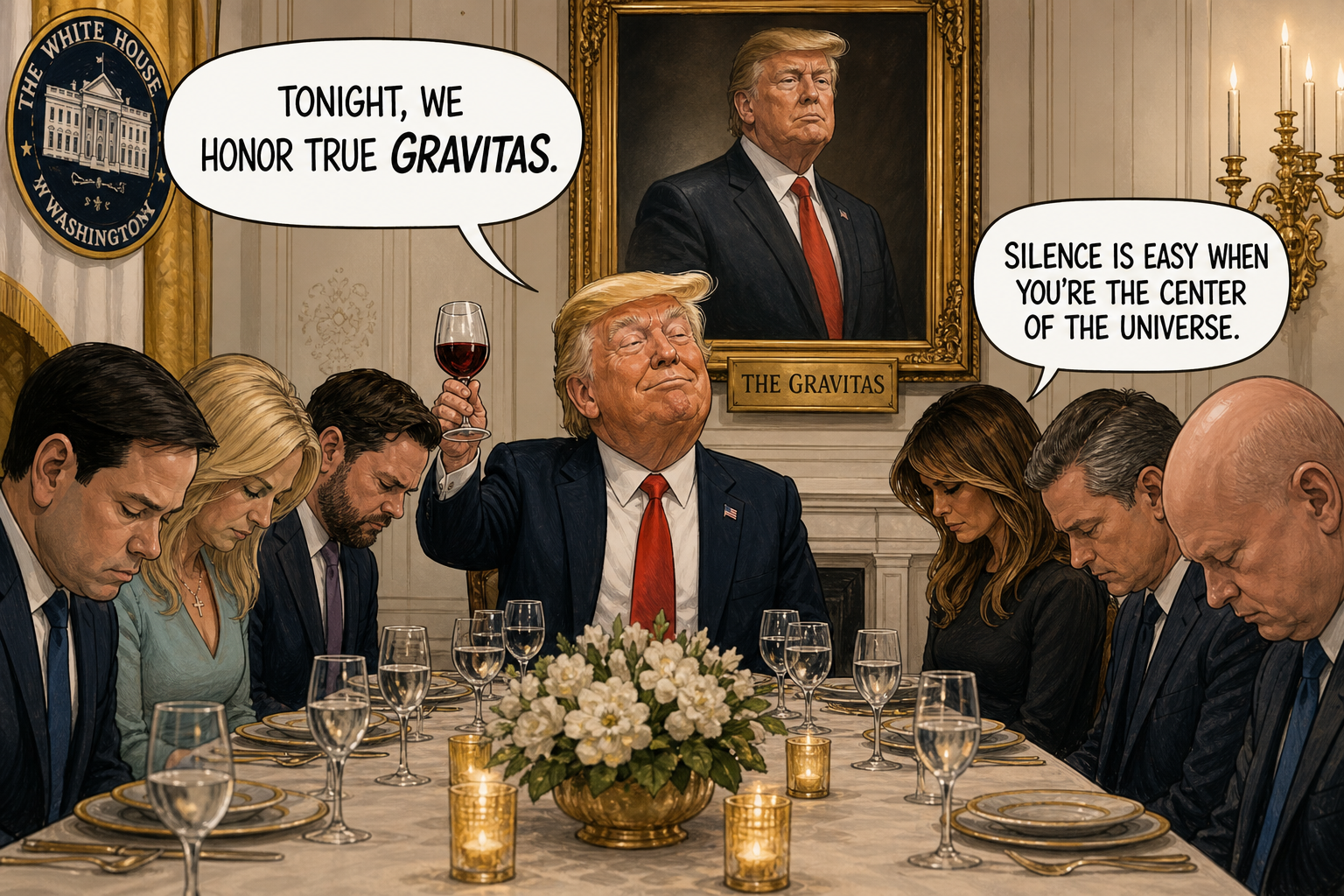 Satirical cartoon for White House Confirms Dinner Silence Was Planned Tribute to Gravitas