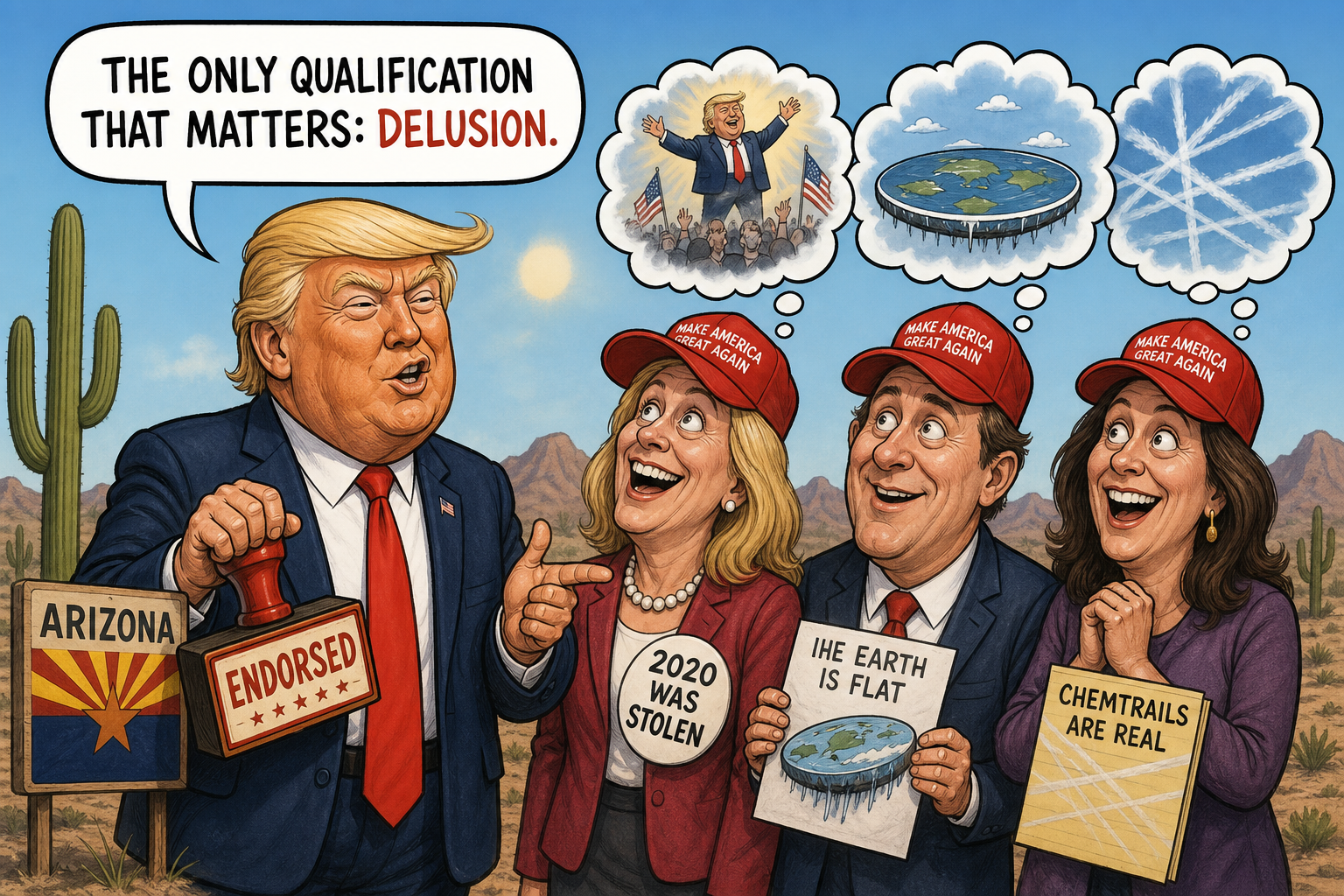 Satirical cartoon for Trump Endorses Arizona Candidates on Sole Qualification: Delusion