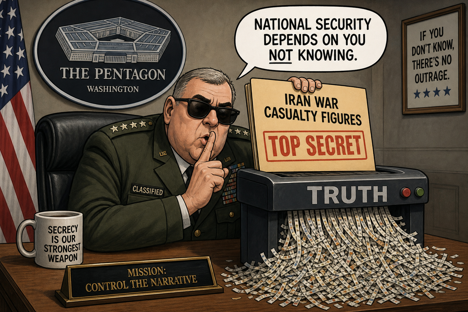Satirical cartoon for Pentagon Classifies Iran War Casualty Figures as Security Matter