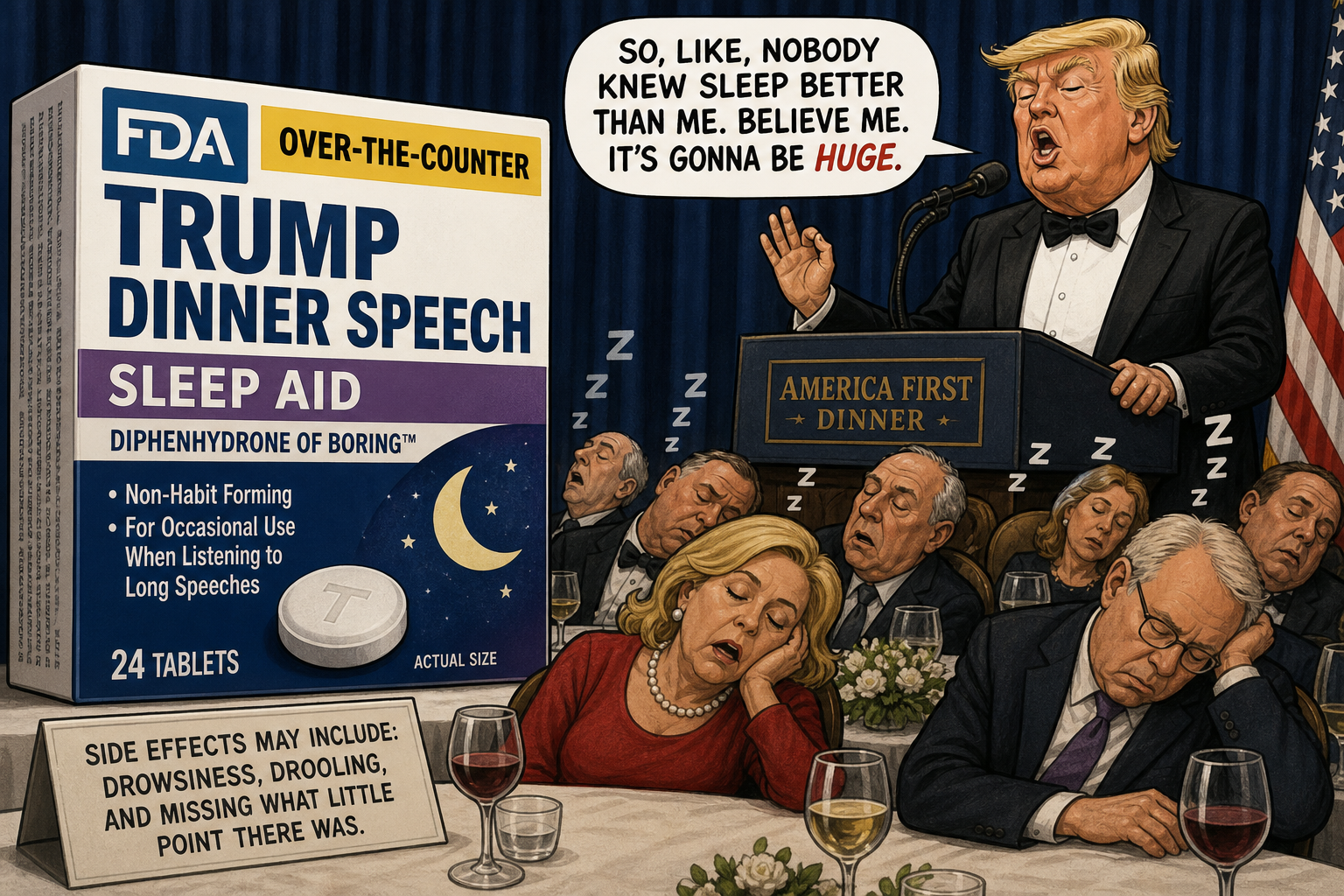 Satirical cartoon for FDA Classifies Trump Dinner Speech as Over-the-Counter Sleep Aid