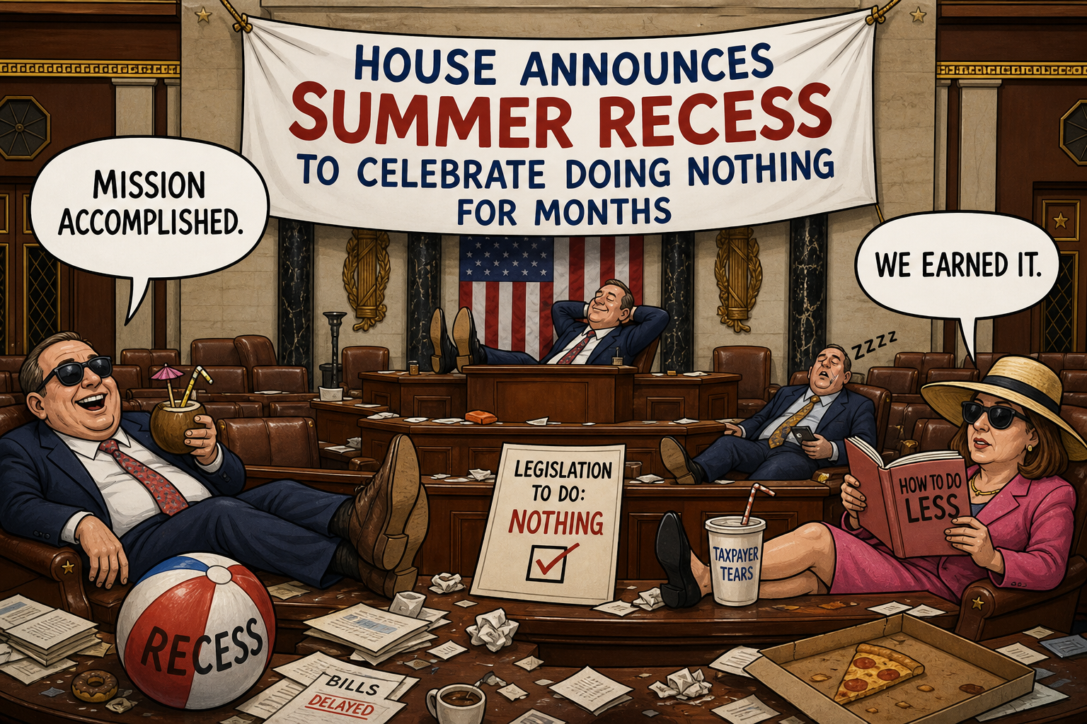 Satirical cartoon for House Announces Summer Recess to Celebrate Doing Nothing for Months