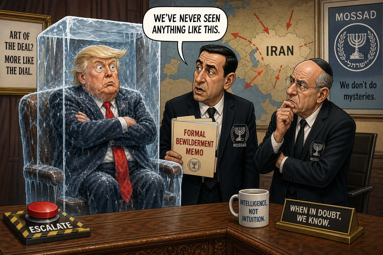 Satirical cartoon for Trump Freezes on Iran Escalation, Mossad Files Formal Bewilderment Memo