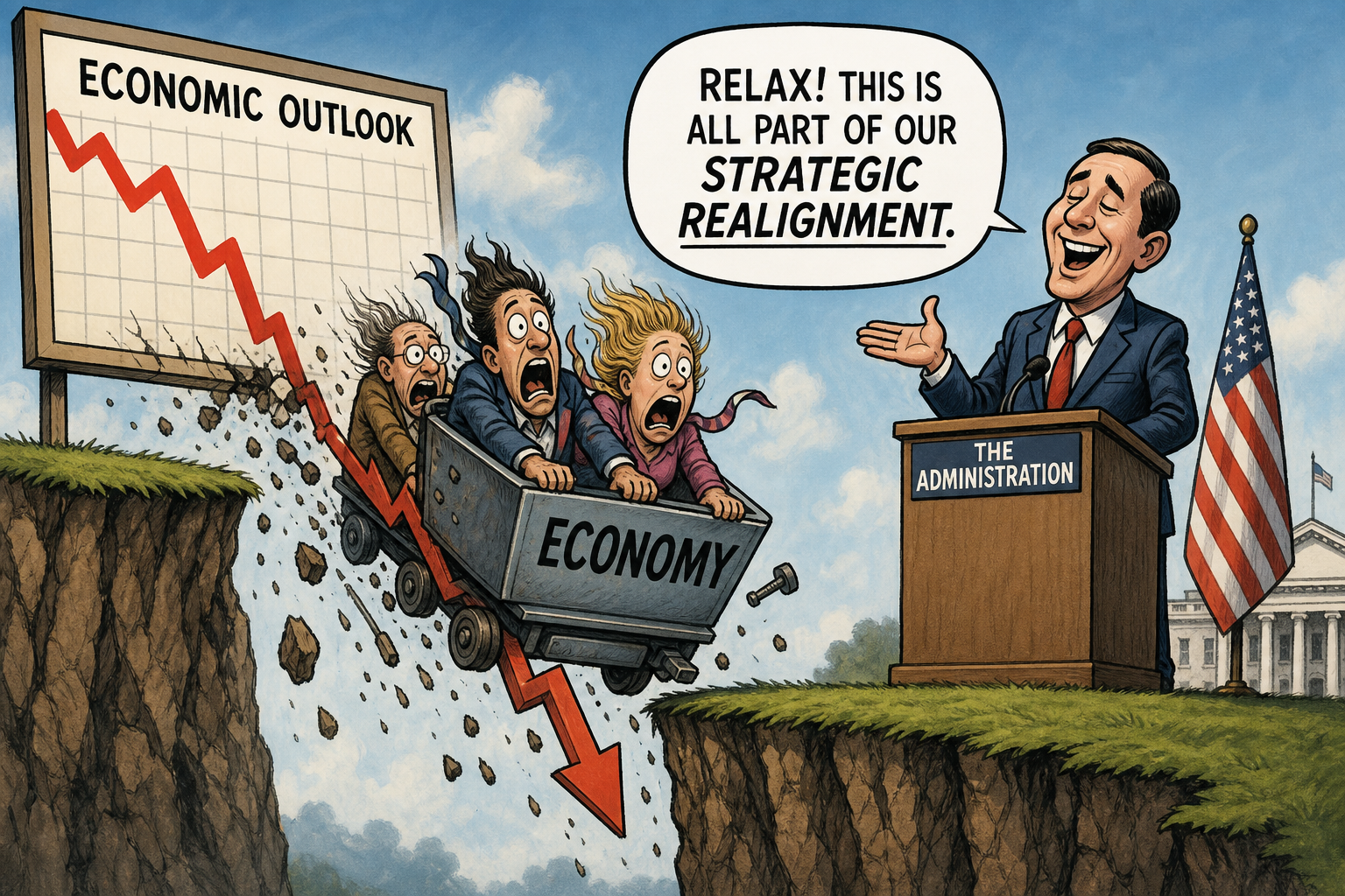 Satirical cartoon for Administration Declares Economic Freefall Part of Strategic Realignment